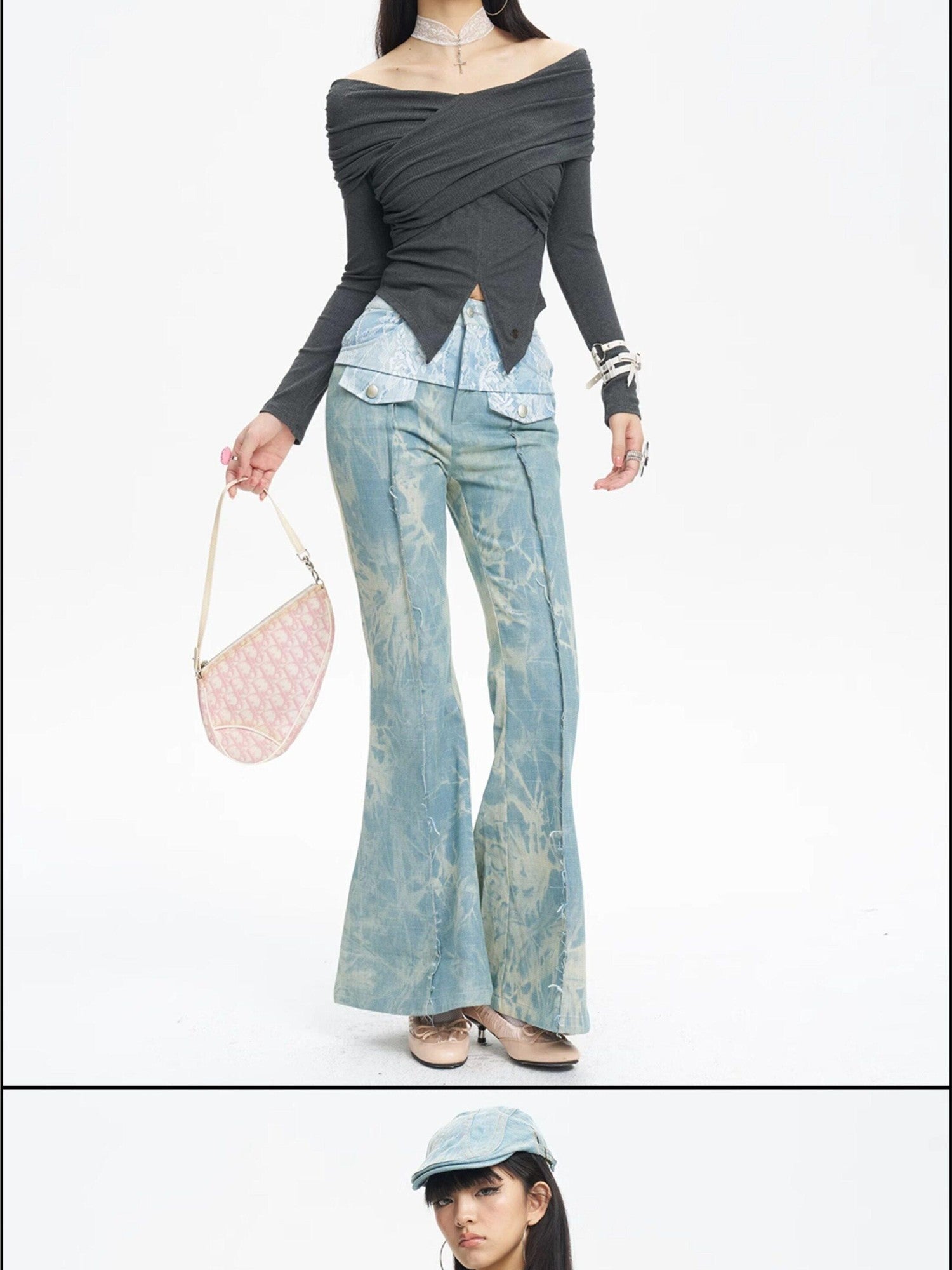 NextPassport MOF Light Blue Printed Lace Patchwork Slim Women's Denim Flare Jeans