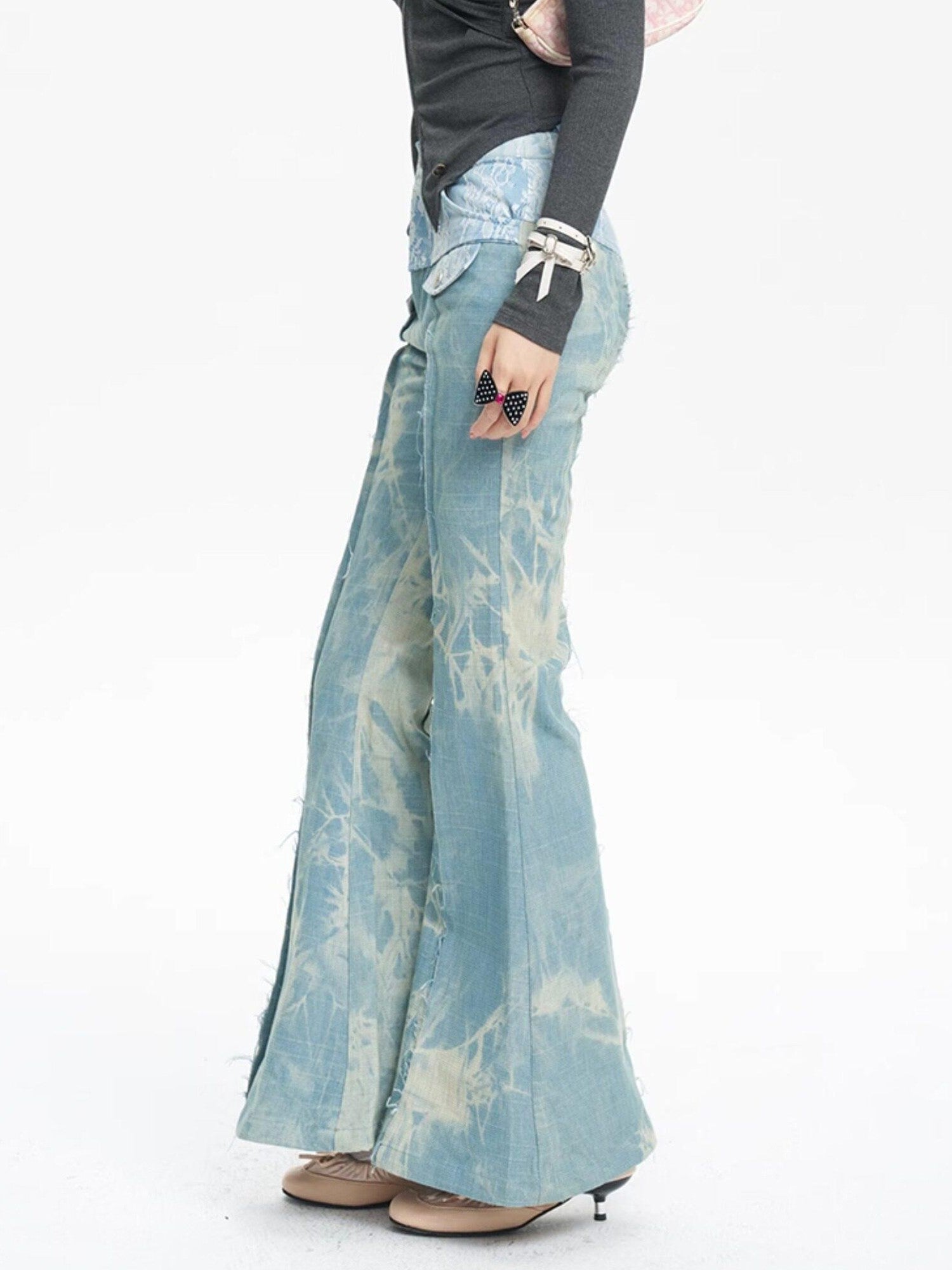 NextPassport MOF Light Blue Printed Lace Patchwork Slim Women's Denim Flare Jeans
