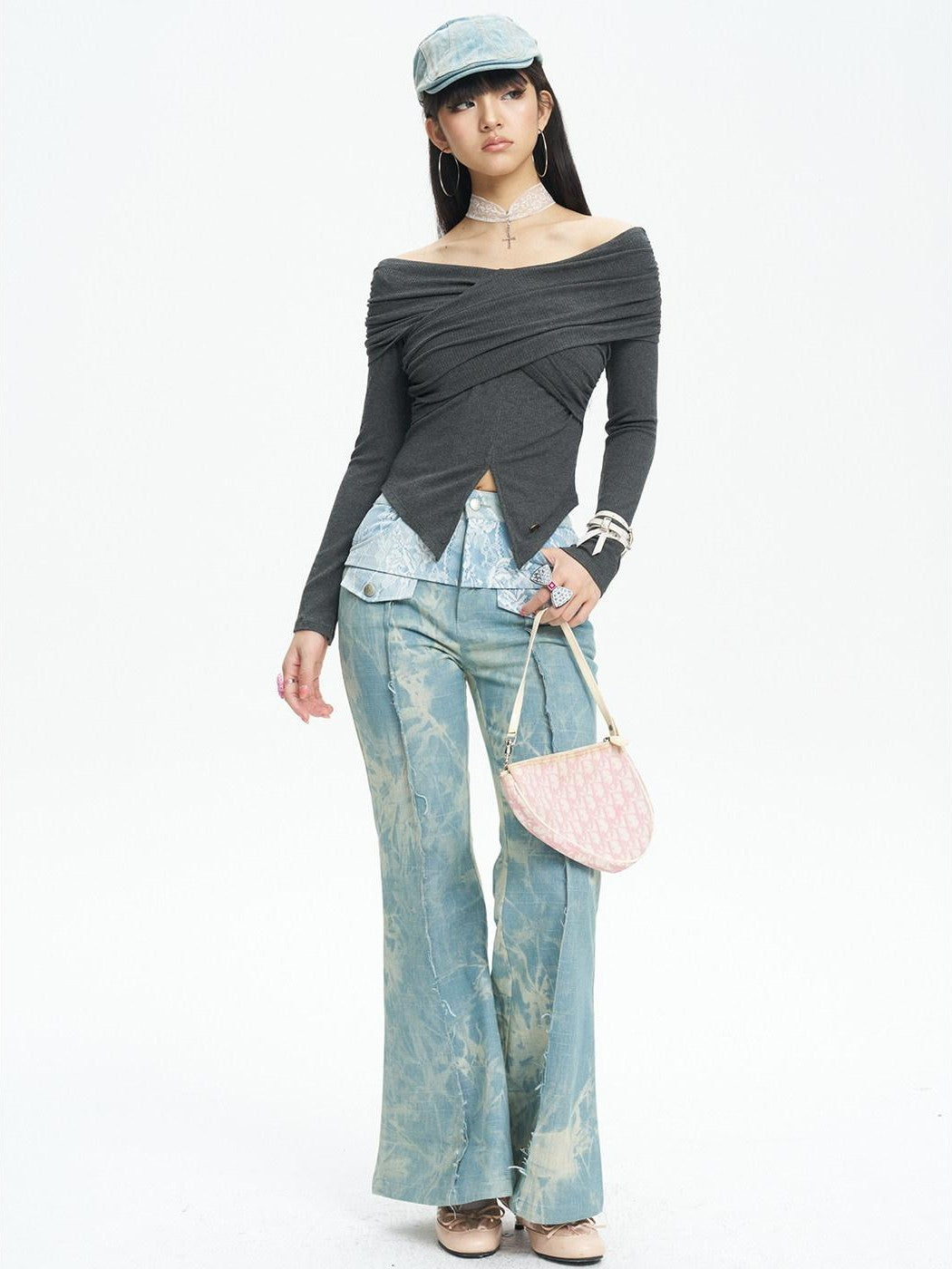 NextPassport MOF Light Blue Printed Lace Patchwork Slim Women's Denim Flare Jeans