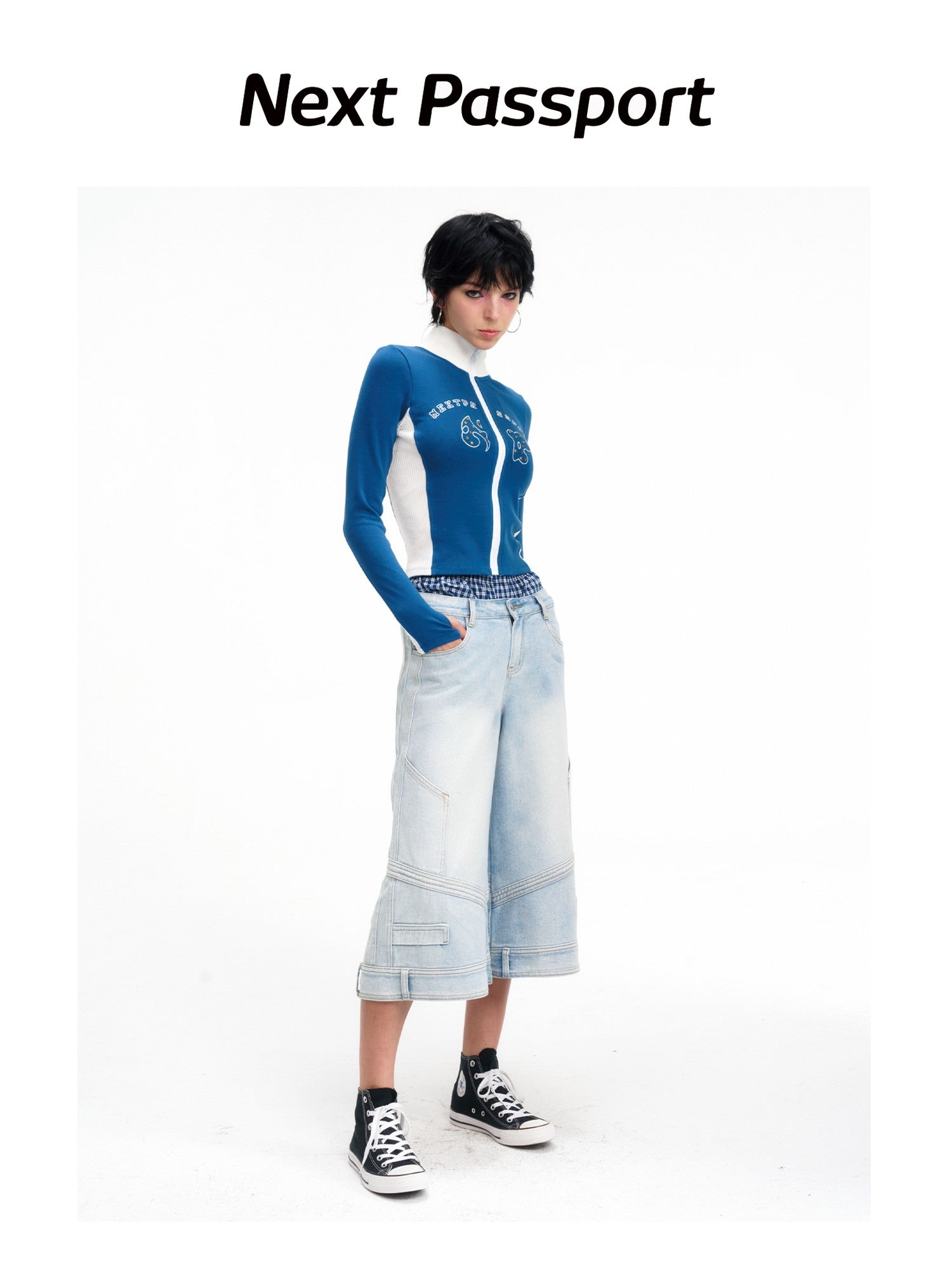 NextPassport MOF Light Blue Washed Wide Leg Faux Waist Zip Fly Women's Cotton Cropped Jeans