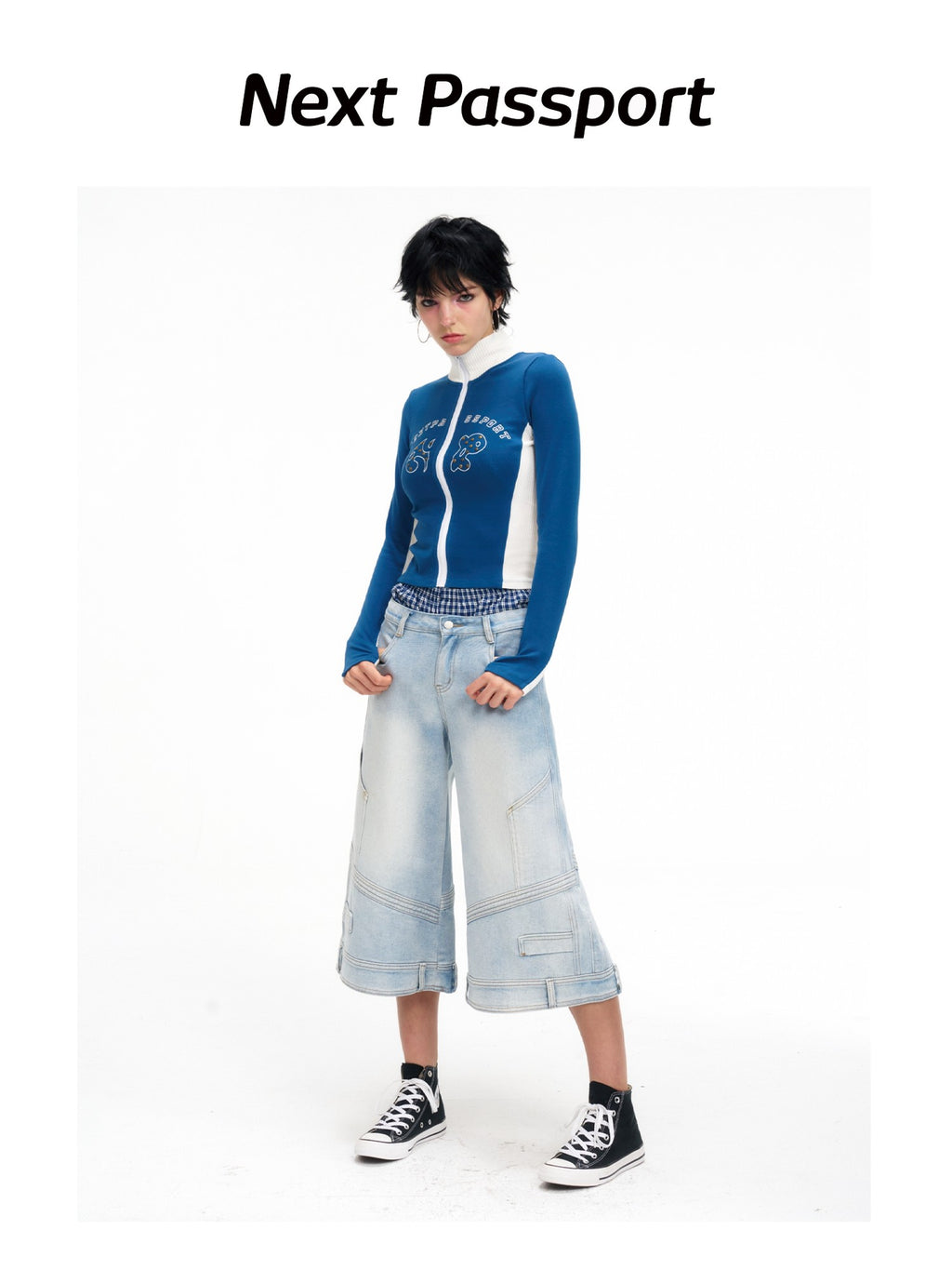 NextPassport MOF Light Blue Washed Wide Leg Faux Waist Zip Fly Women's Cotton Cropped Jeans
