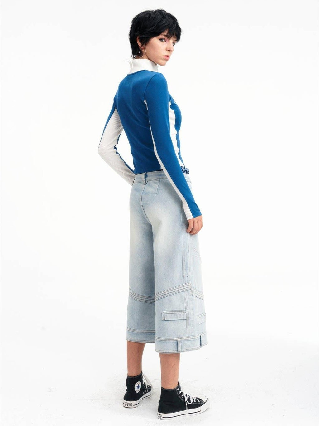 NextPassport MOF Light Blue Washed Wide Leg Faux Waist Zip Fly Women's Cotton Cropped Jeans