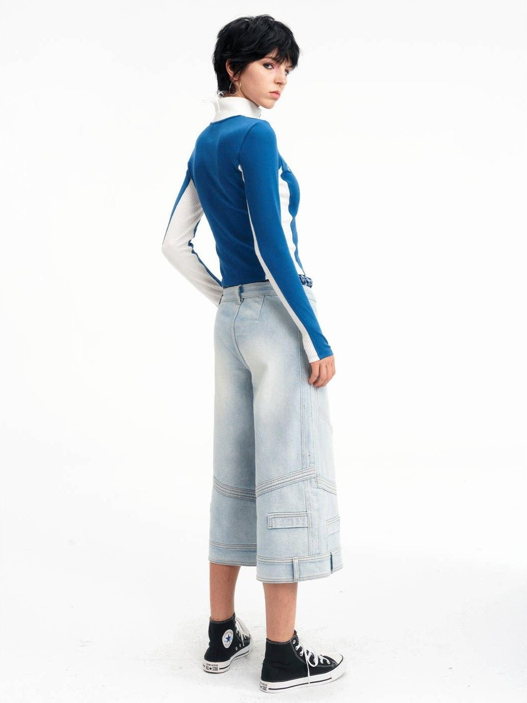 NextPassport MOF Light Blue Washed Wide Leg Faux Waist Zip Fly Women's Cotton Cropped Jeans