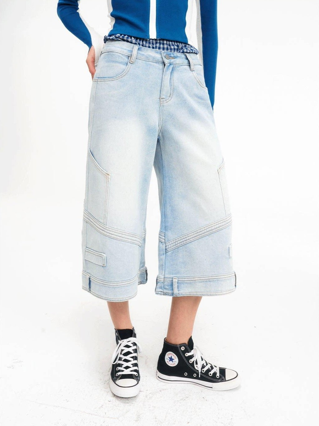 NextPassport MOF Light Blue Washed Wide Leg Faux Waist Zip Fly Women's Cotton Cropped Jeans