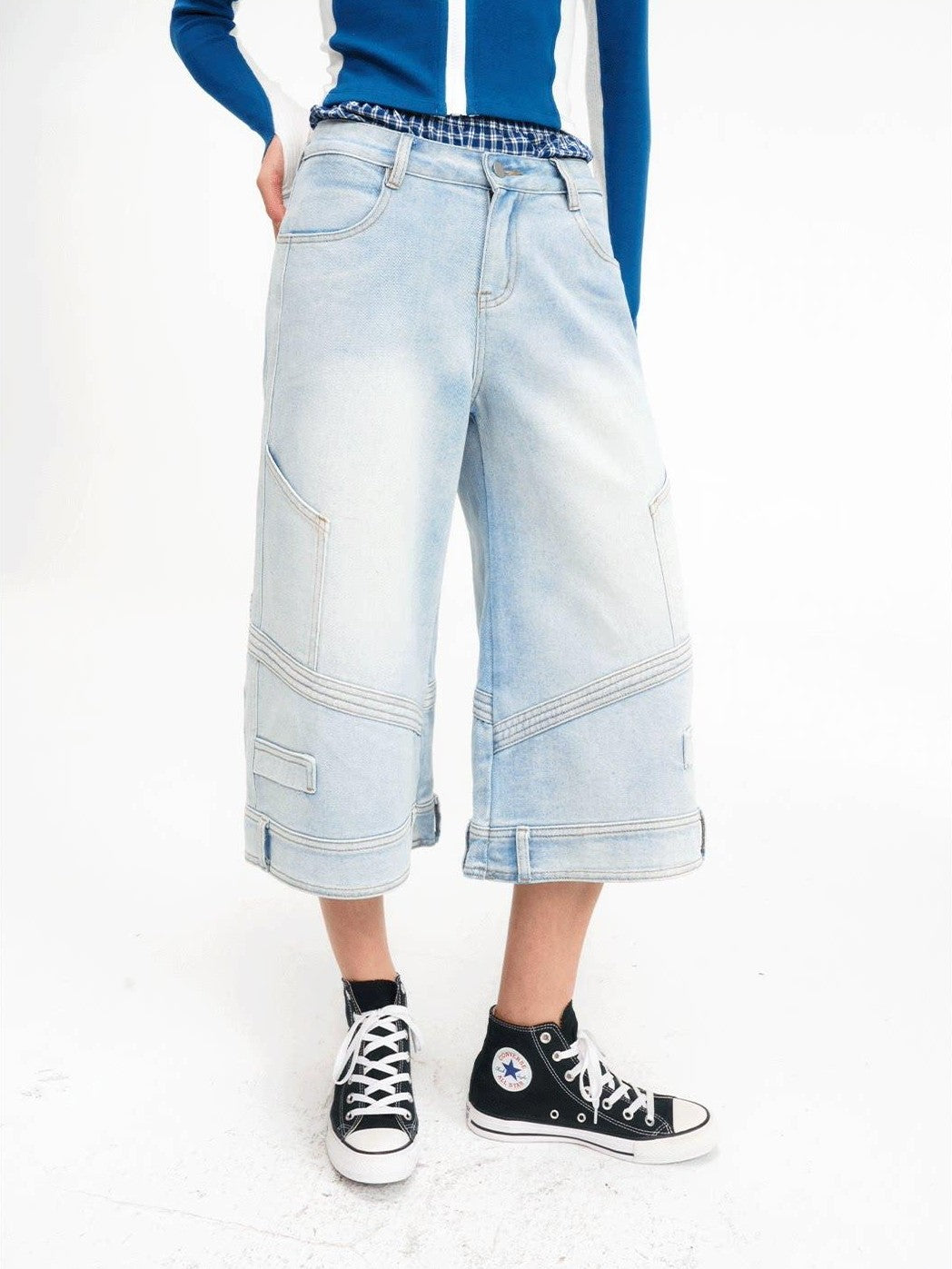 NextPassport MOF Light Blue Washed Wide Leg Faux Waist Zip Fly Women's Cotton Cropped Jeans