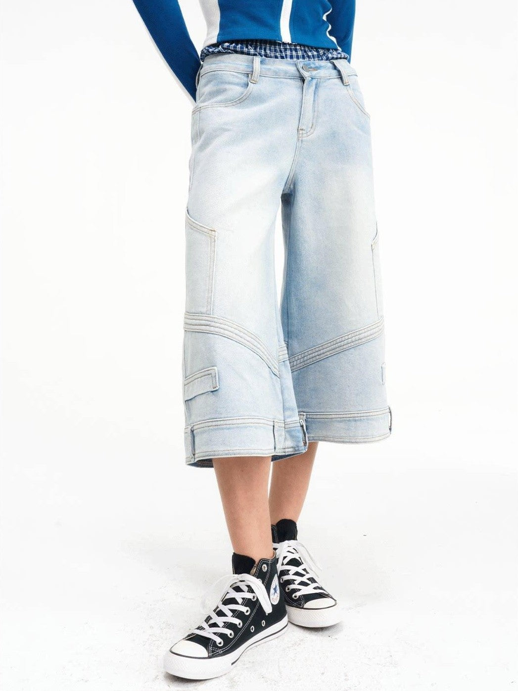 NextPassport MOF Light Blue Washed Wide Leg Faux Waist Zip Fly Women's Cotton Cropped Jeans