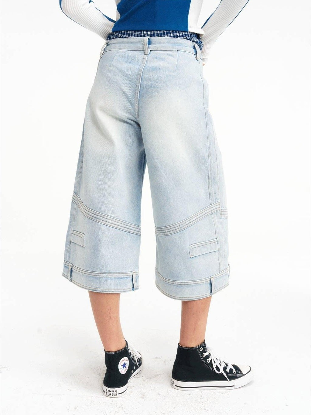 NextPassport MOF Light Blue Washed Wide Leg Faux Waist Zip Fly Women's Cotton Cropped Jeans