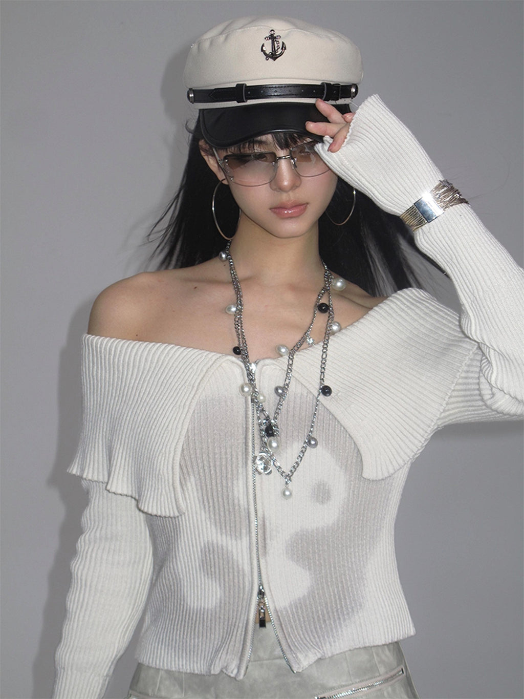 NextPassport MOF Light Gray Knit Striped Distressed Lapel Boat Neck Women's Cotton Cardigans