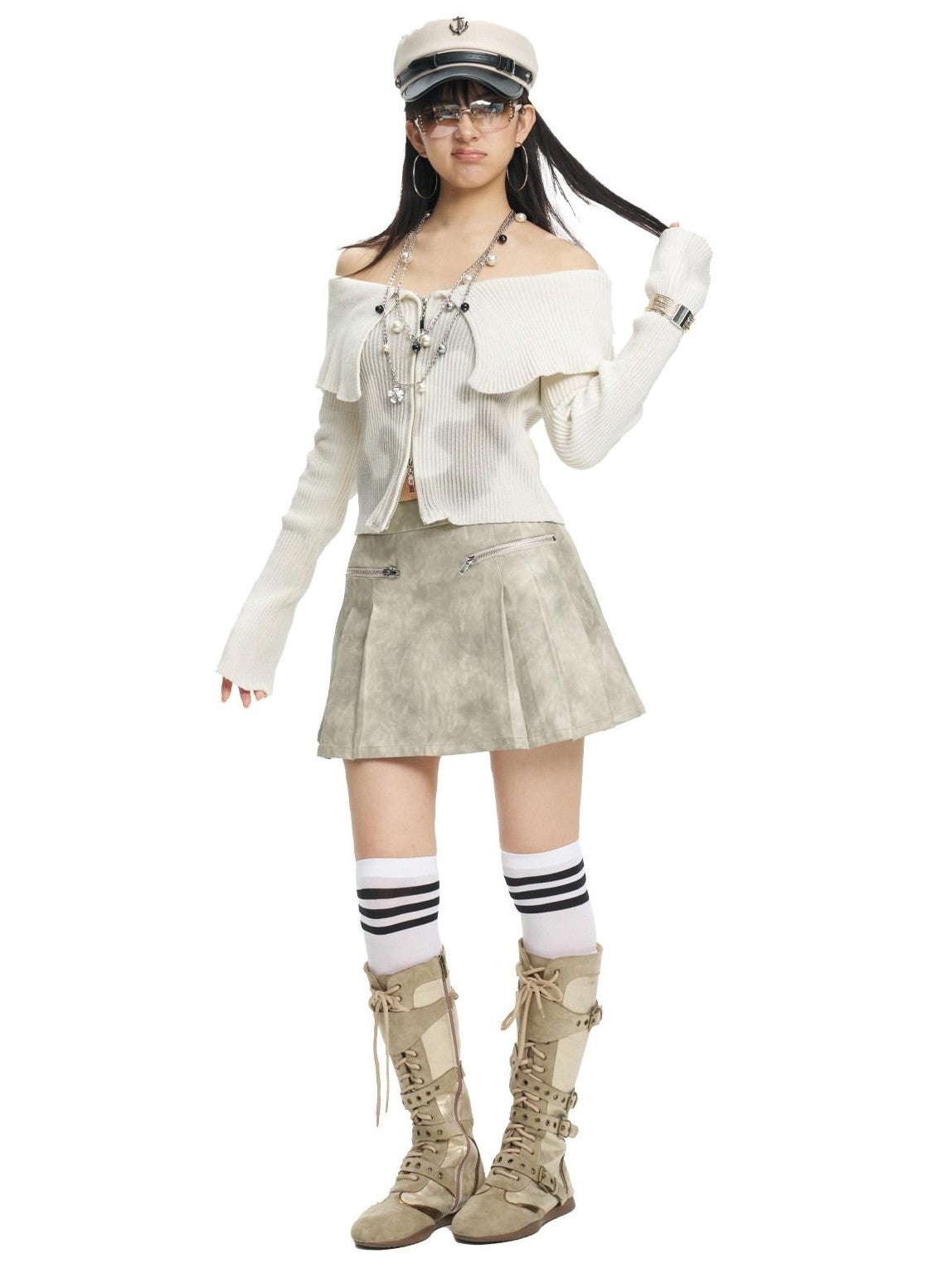 NextPassport MOF Light Gray Knit Striped Distressed Lapel Boat Neck Women's Cotton Cardigans