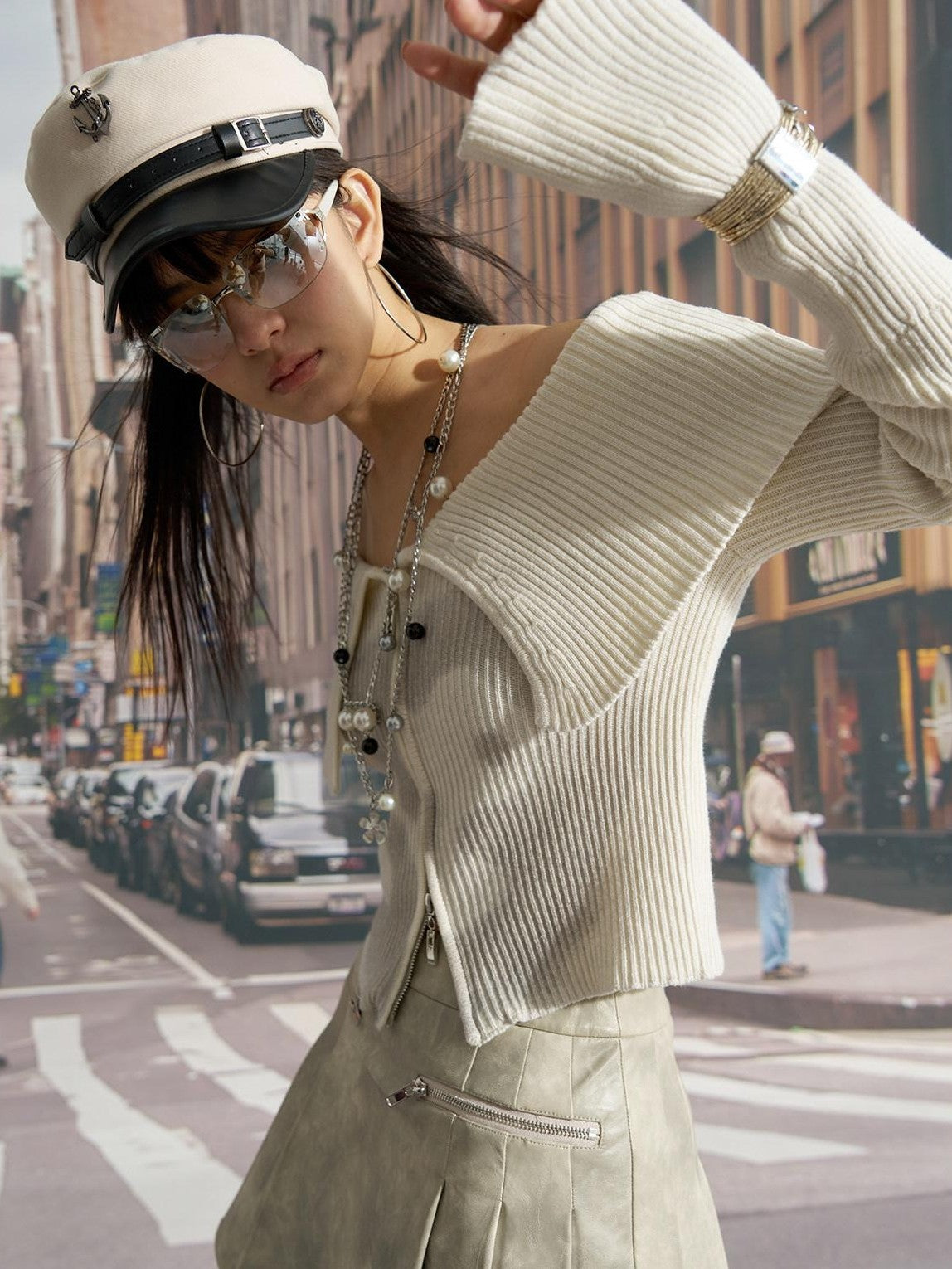 NextPassport MOF Light Gray Knit Striped Distressed Lapel Boat Neck Women's Cotton Cardigans
