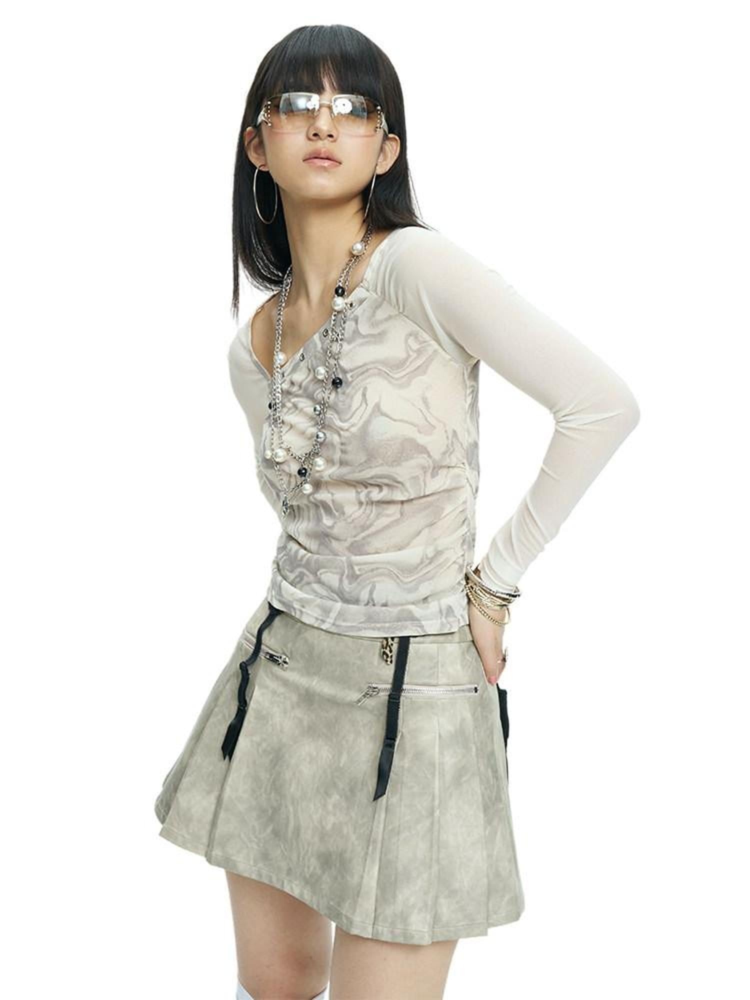 NextPassport MOF Light Gray Patchwork Mesh Asymmetric Neck Women's Polyester Long Sleeve T-shirts