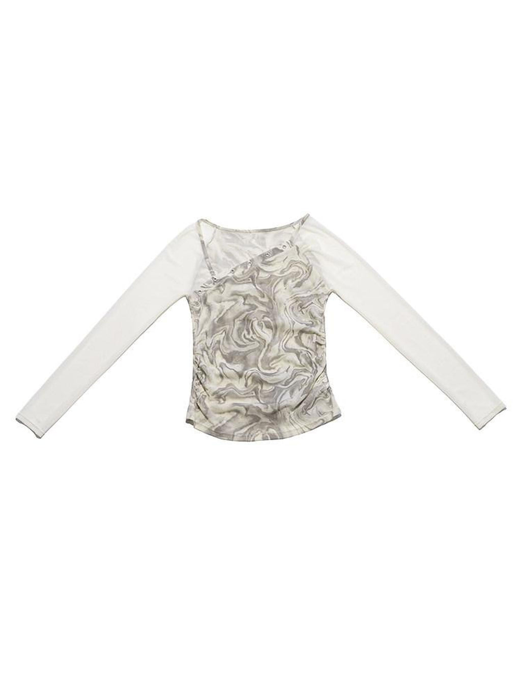 NextPassport MOF Light Gray Patchwork Mesh Asymmetric Neck Women's Polyester Long Sleeve T-shirts