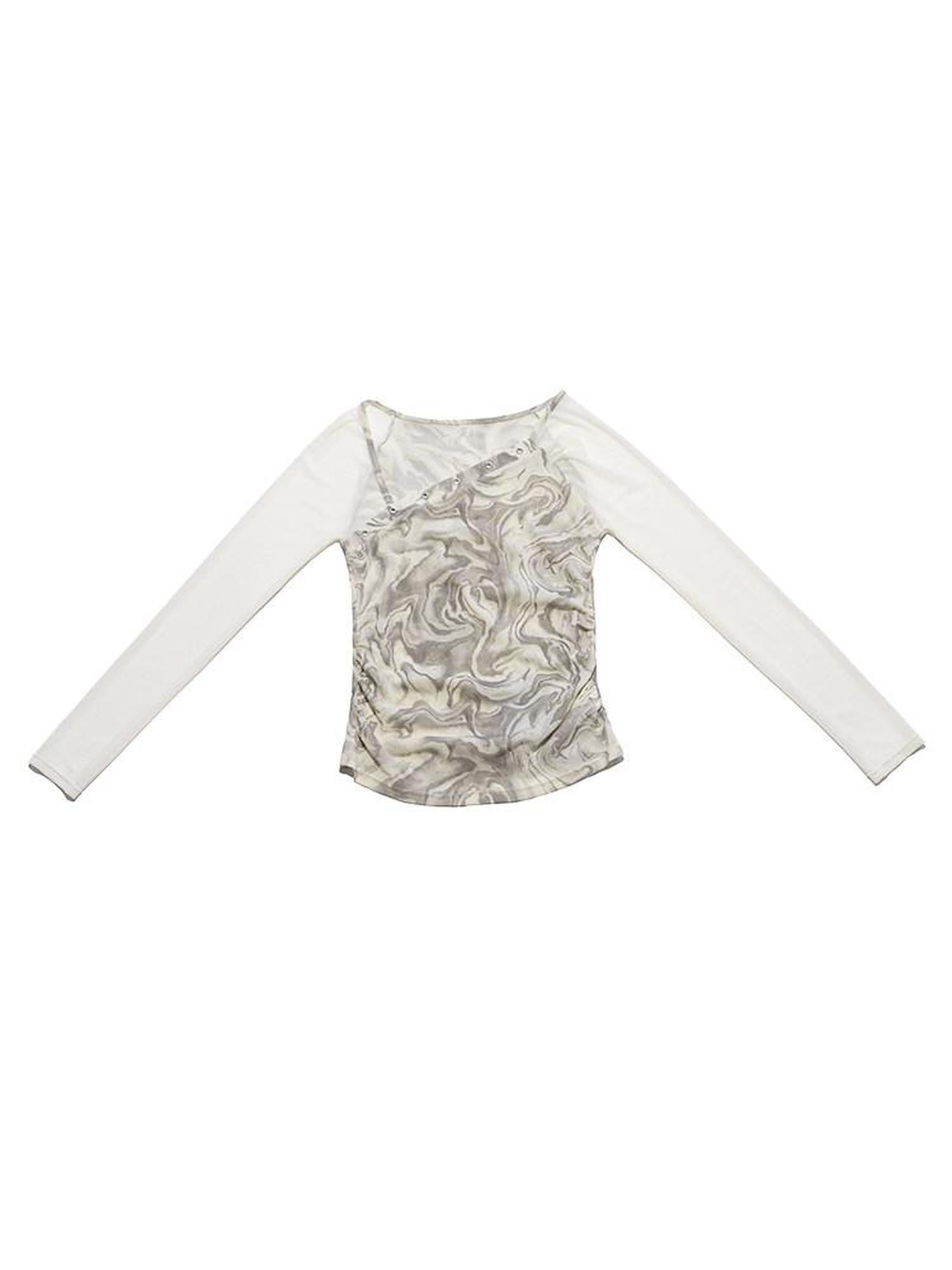 NextPassport MOF Light Gray Patchwork Mesh Asymmetric Neck Women's Polyester Long Sleeve T-shirts