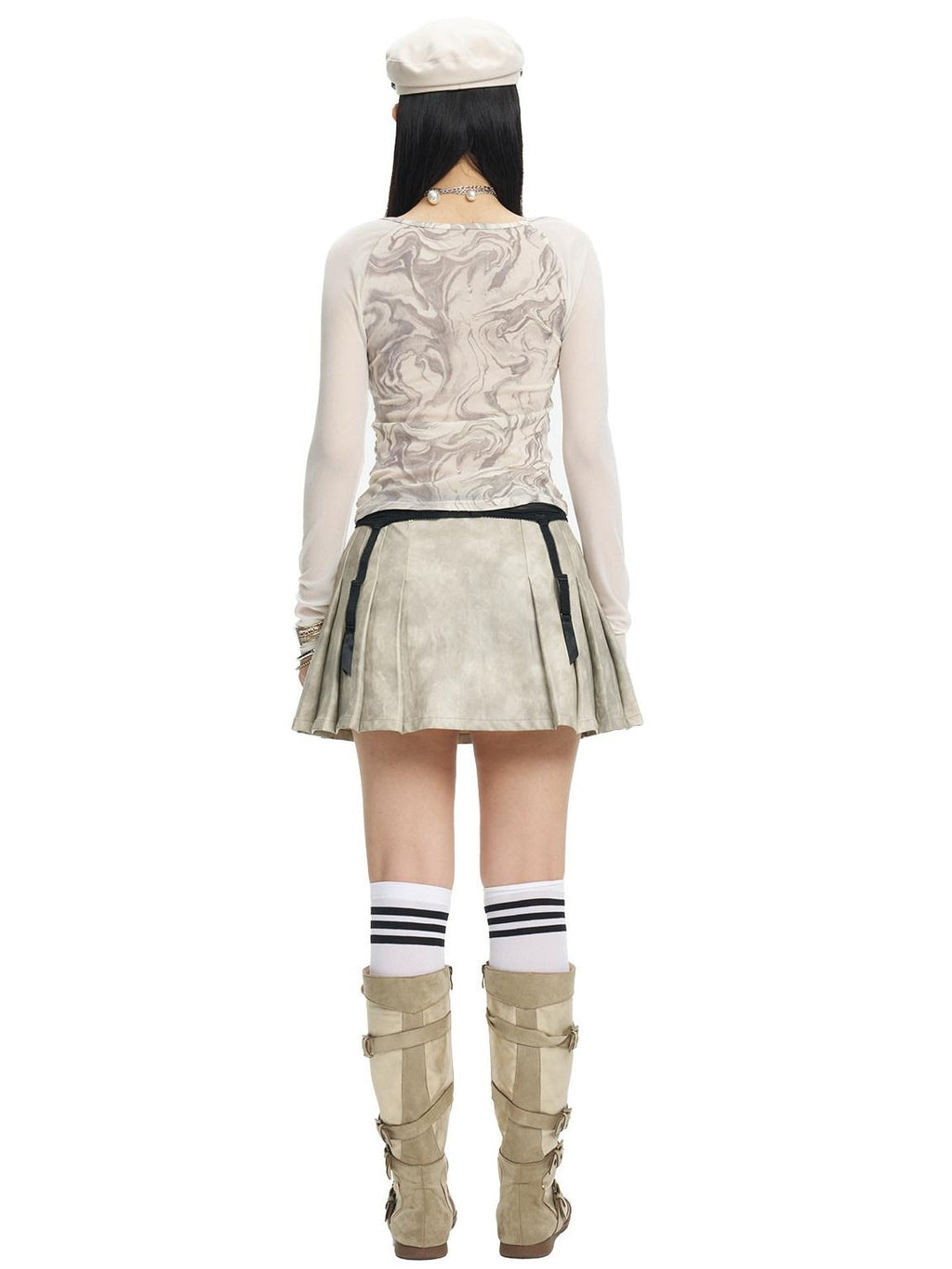 NextPassport MOF Light Gray Patchwork Mesh Asymmetric Neck Women's Polyester Long Sleeve T-shirts
