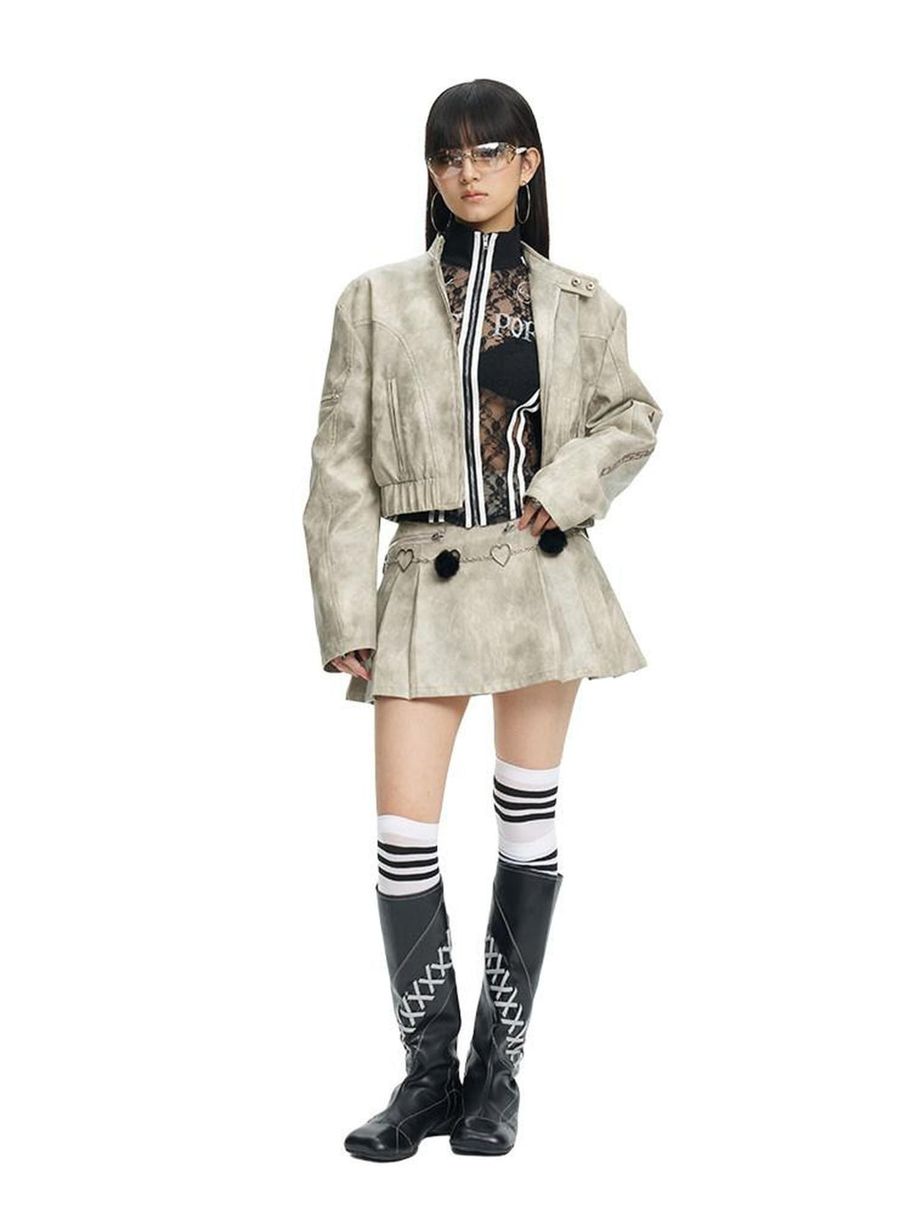 NextPassport MOF Light Gray Tie Dye Arched Sleeves Women's Pu Matching Skirt Sets