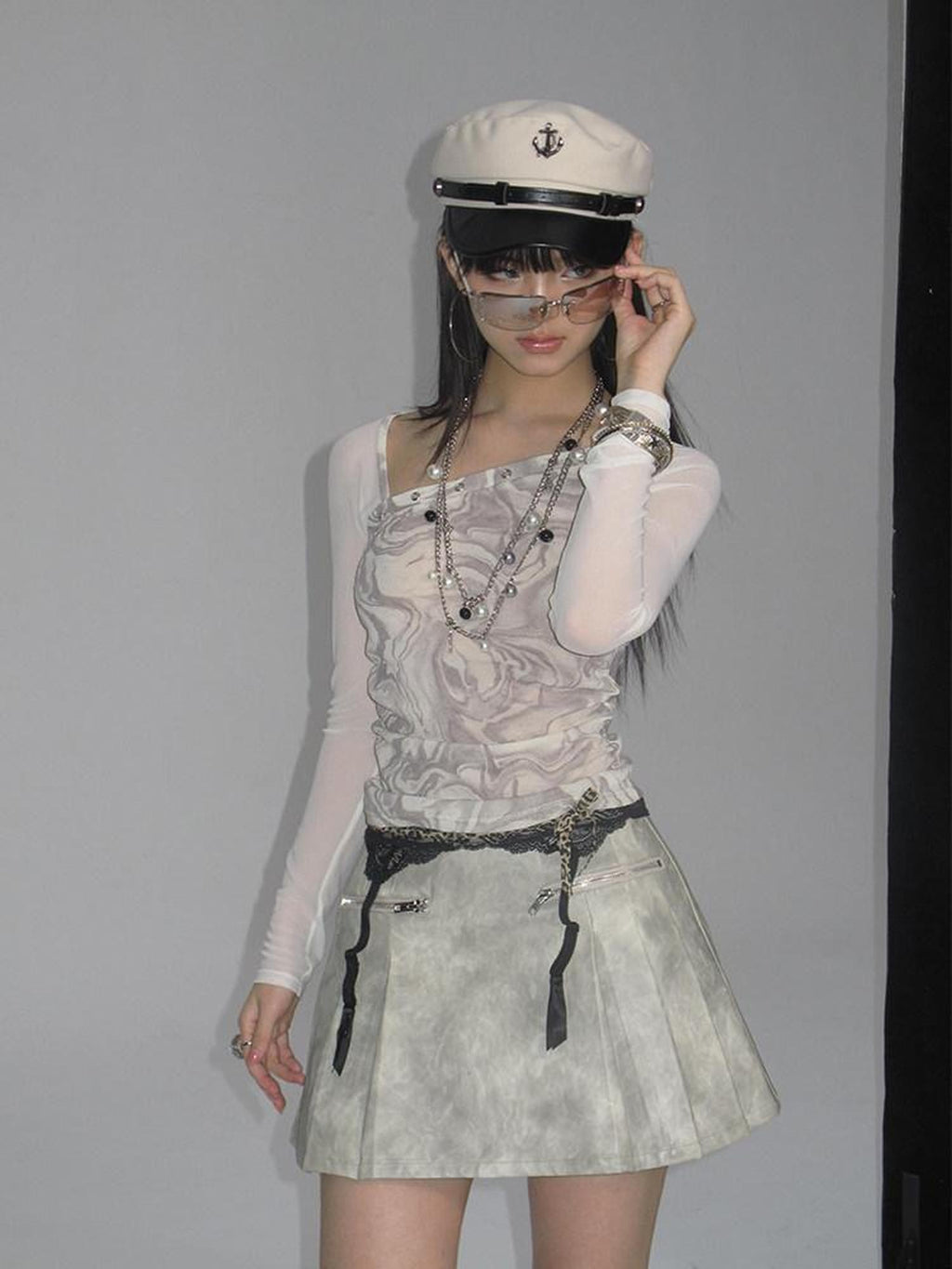 NextPassport MOF Light Gray Tie Dye Arched Sleeves Women's Pu Matching Skirt Sets