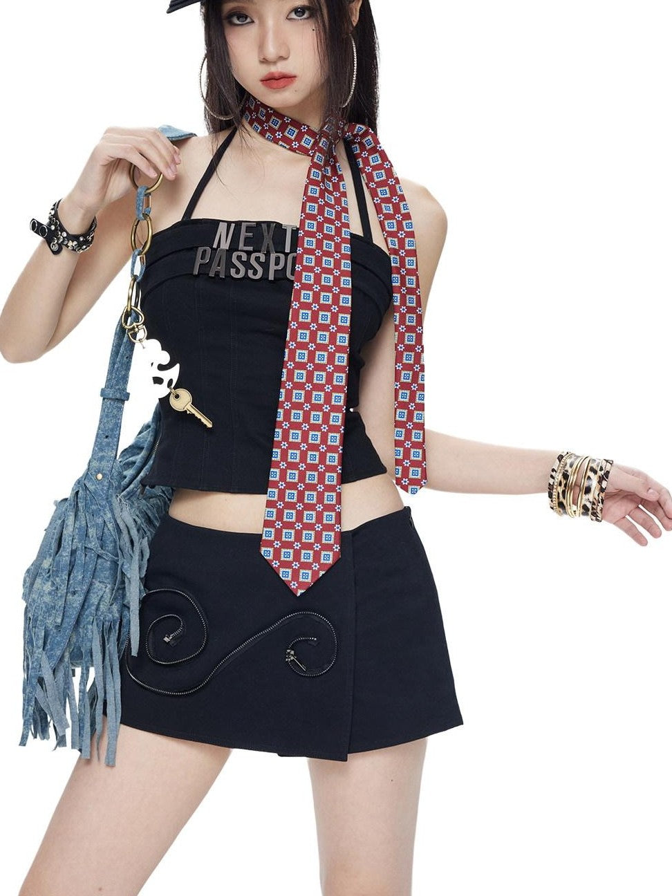 NextPassport MOF Metal Letter Camisole Convertible Zipper Cotton Women's Matching Skirt Sets
