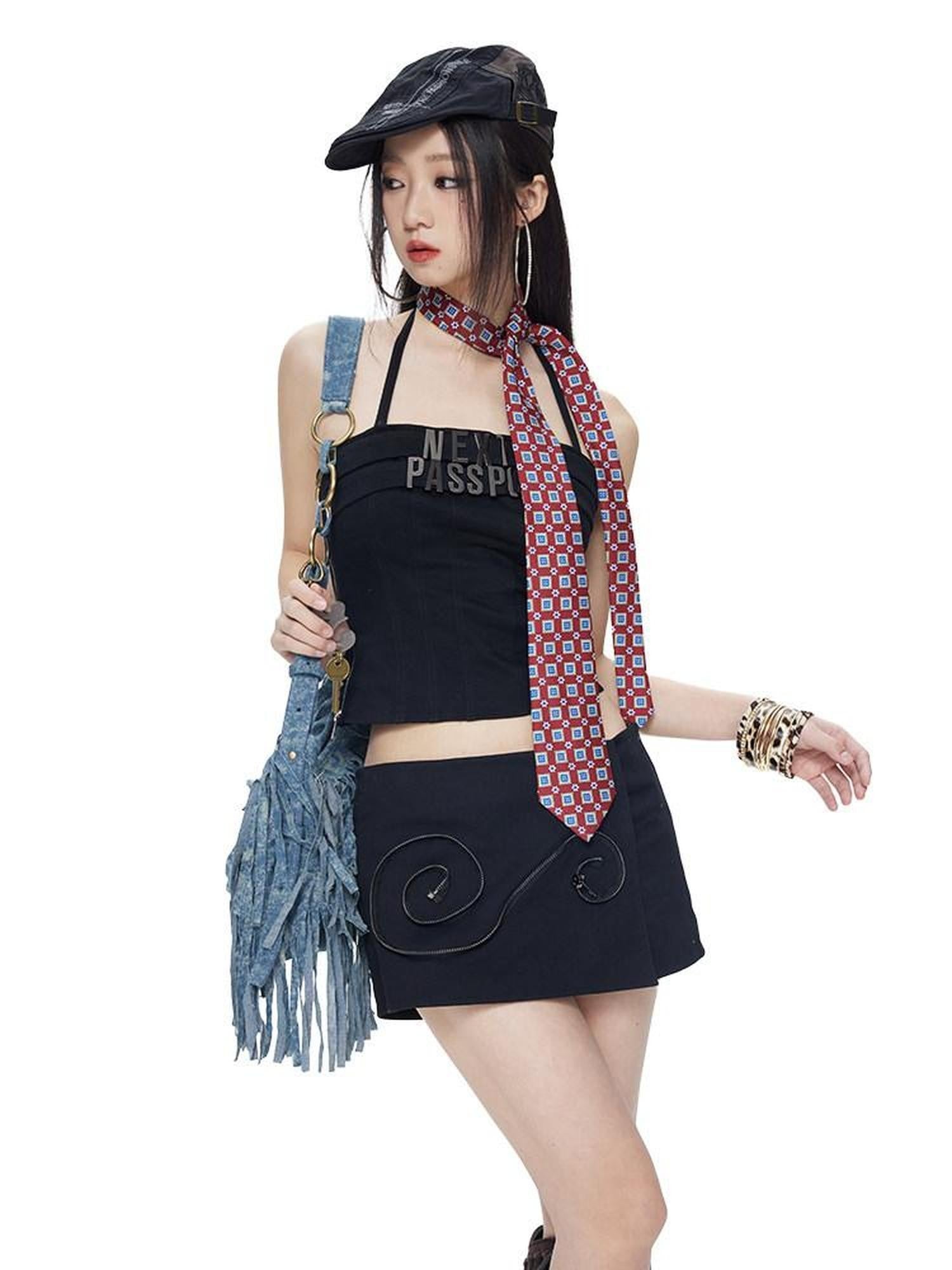 NextPassport MOF Metal Letter Camisole Convertible Zipper Cotton Women's Matching Skirt Sets