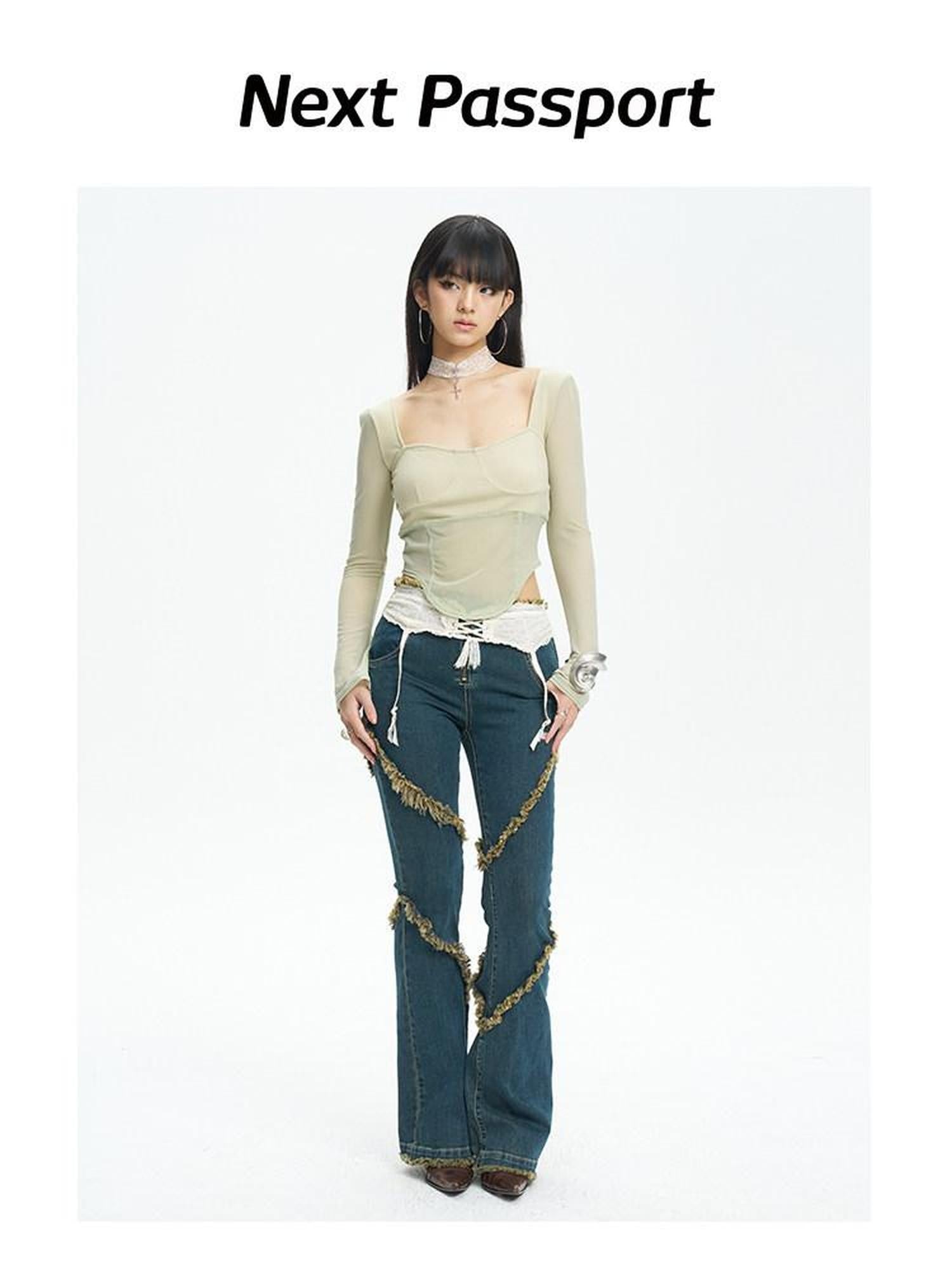 NextPassport MOF Mint Knit Mesh Splice Square Neck Cropped Women's Long Sleeve T-shirts