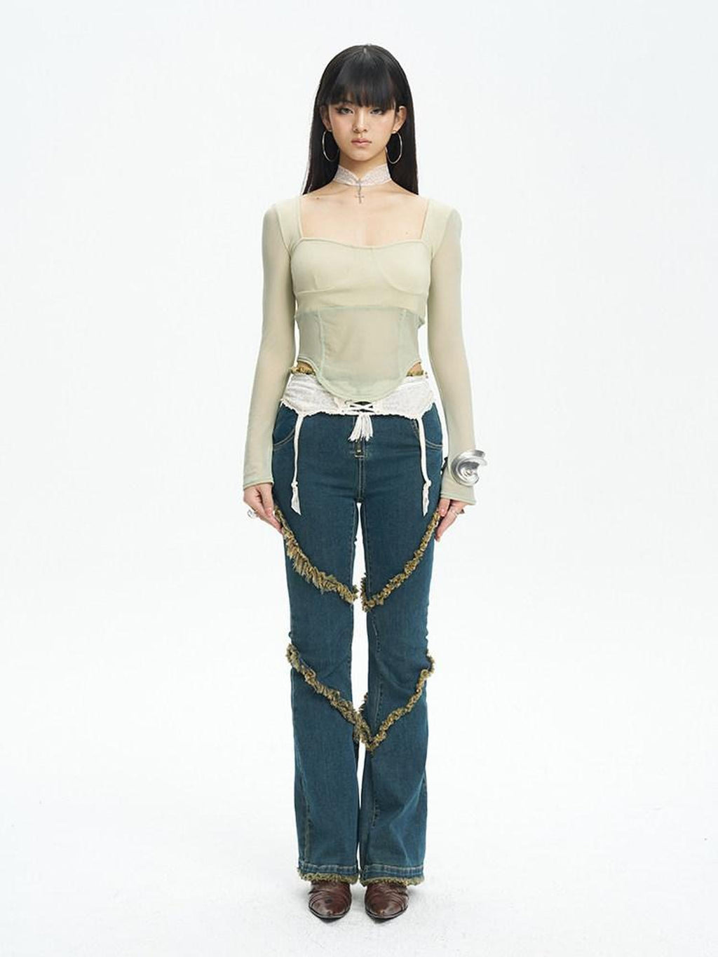 NextPassport MOF Mint Knit Mesh Splice Square Neck Cropped Women's Long Sleeve T-shirts