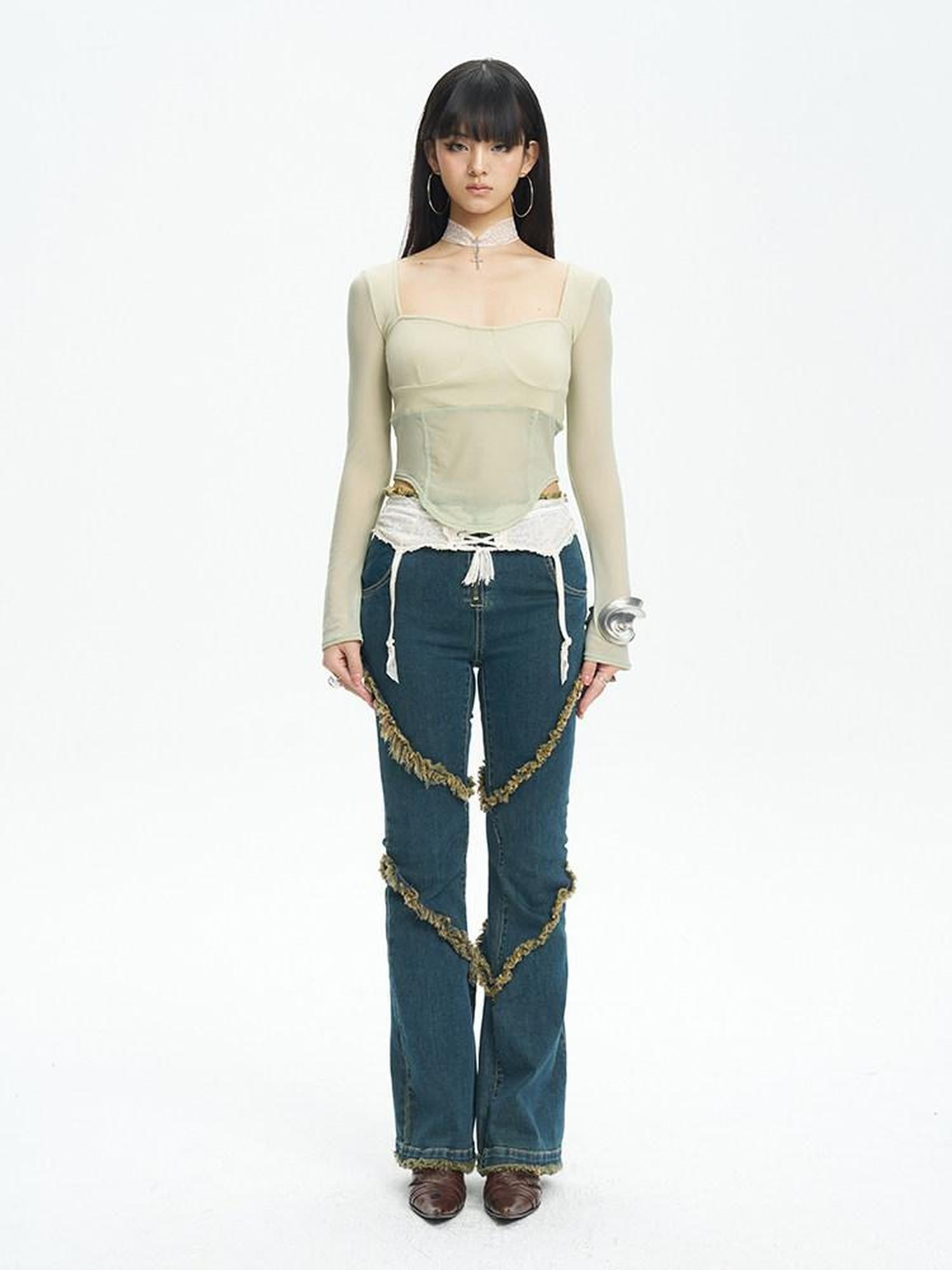 NextPassport MOF Mint Knit Mesh Splice Square Neck Cropped Women's Long Sleeve T-shirts