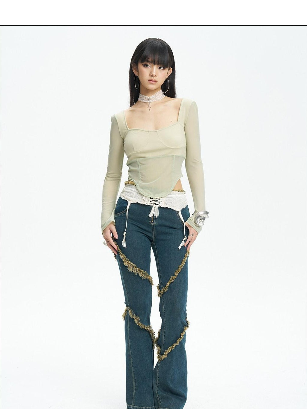 NextPassport MOF Mint Knit Mesh Splice Square Neck Cropped Women's Long Sleeve T-shirts