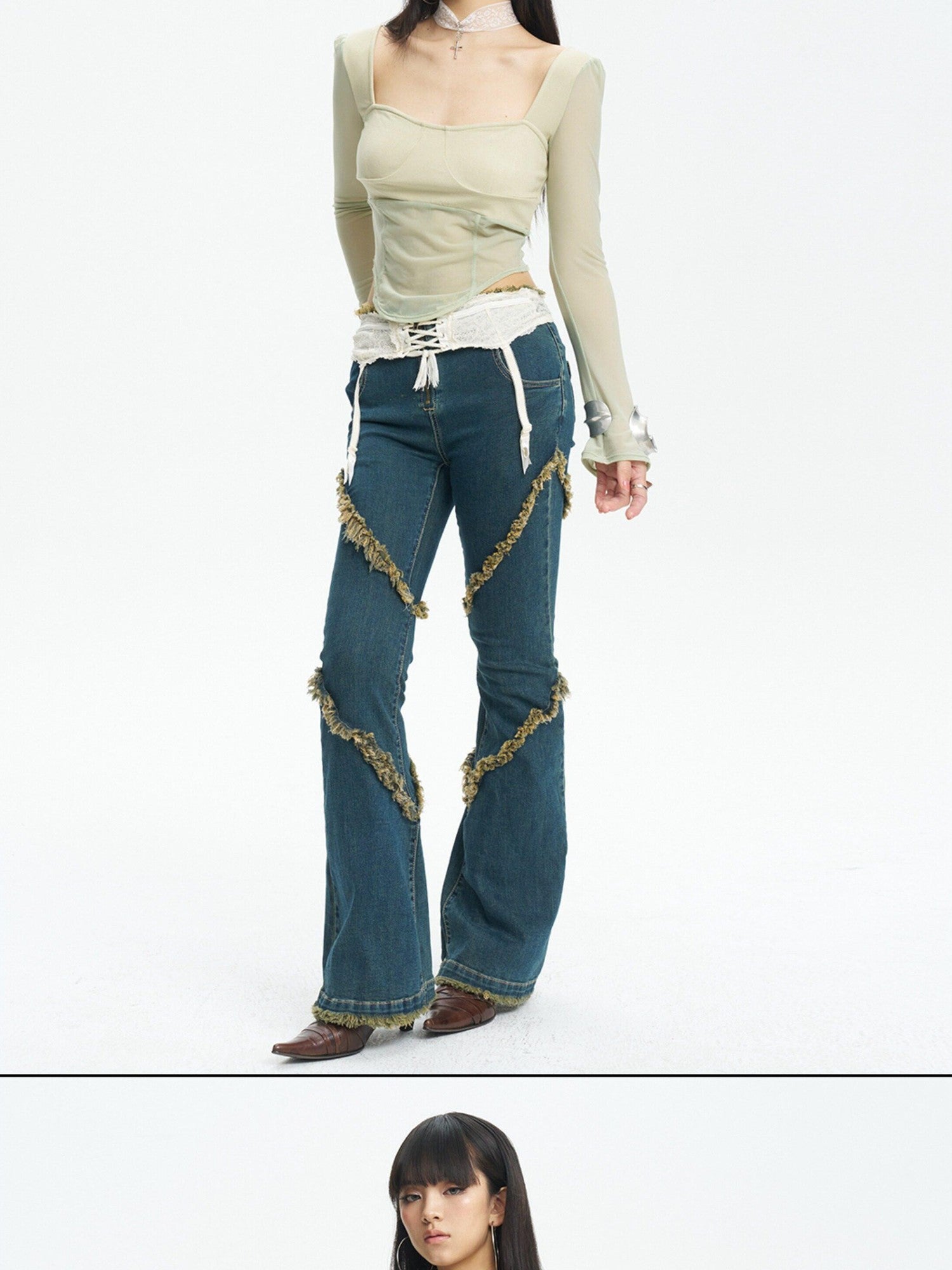 NextPassport MOF Mint Knit Mesh Splice Square Neck Cropped Women's Long Sleeve T-shirts