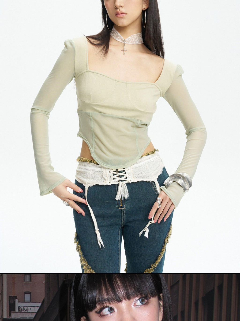 NextPassport MOF Mint Knit Mesh Splice Square Neck Cropped Women's Long Sleeve T-shirts