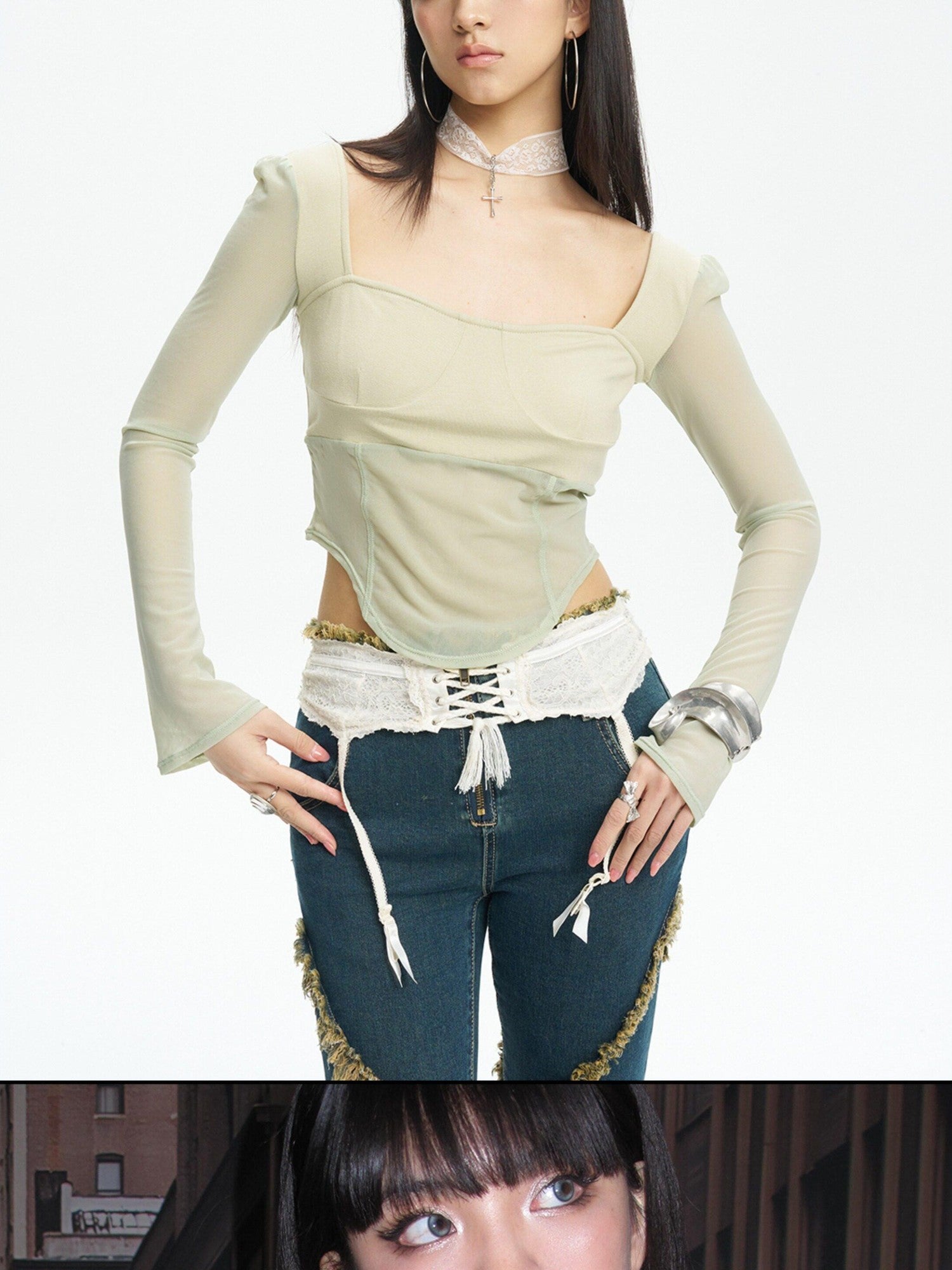 NextPassport MOF Mint Knit Mesh Splice Square Neck Cropped Women's Long Sleeve T-shirts