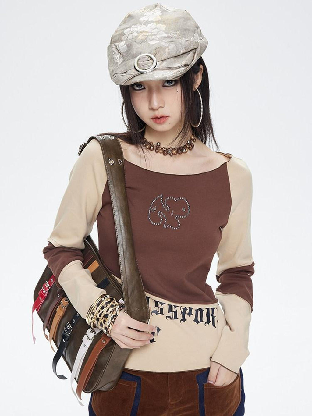 NextPassport MOF Mocha Toffee Diagonal Print Round Neck Women's Cotton Long Sleeve T-shirts