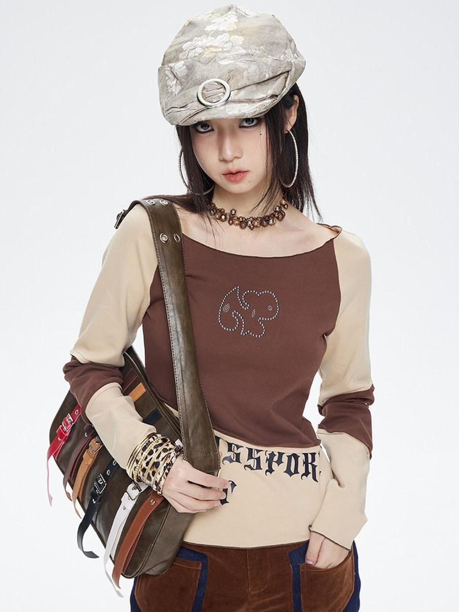 NextPassport MOF Mocha Toffee Diagonal Print Round Neck Women's Cotton Long Sleeve T-shirts