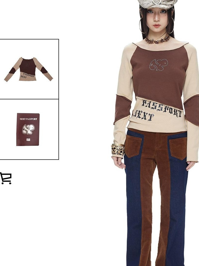 NextPassport MOF Mocha Toffee Diagonal Print Round Neck Women's Cotton Long Sleeve T-shirts