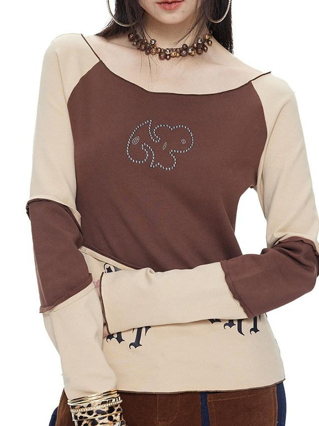 NextPassport MOF Mocha Toffee Diagonal Print Round Neck Women's Cotton Long Sleeve T-shirts