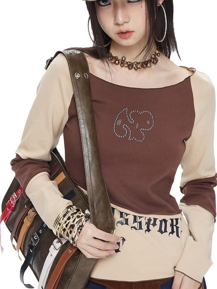 NextPassport MOF Mocha Toffee Diagonal Print Round Neck Women's Cotton Long Sleeve T-shirts