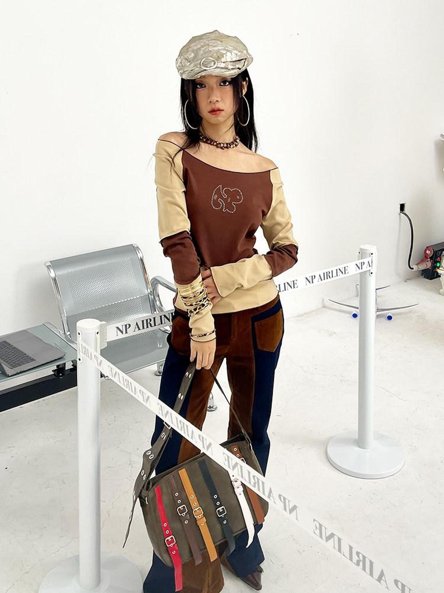 NextPassport MOF Mocha Toffee Diagonal Print Round Neck Women's Cotton Long Sleeve T-shirts