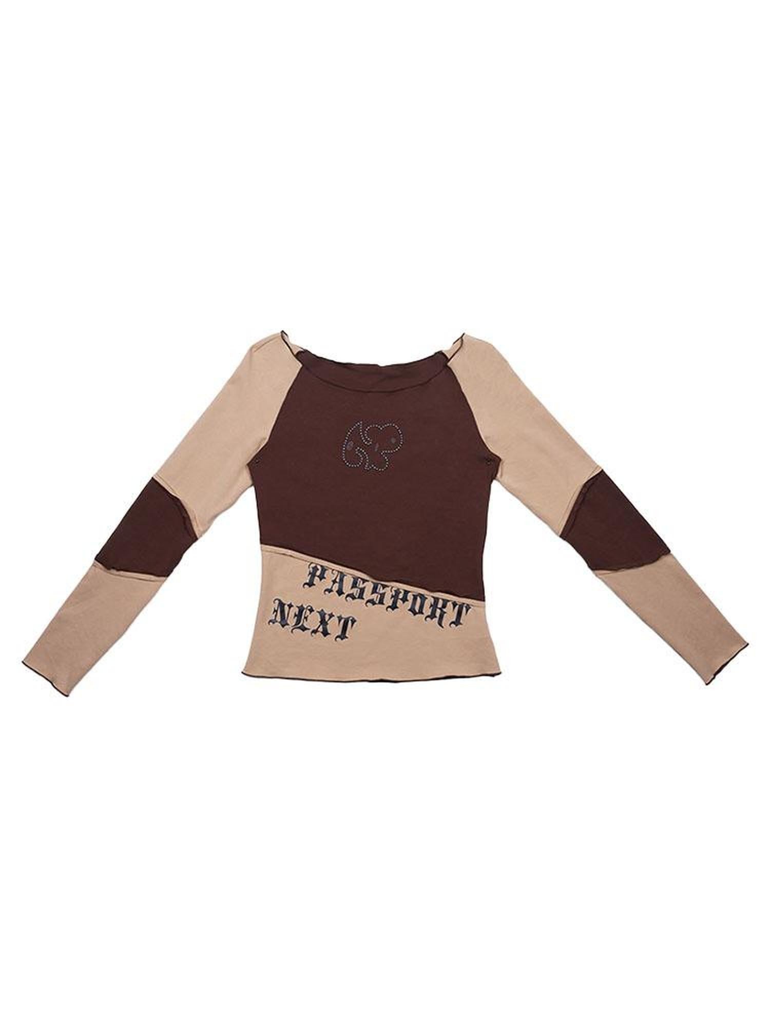 NextPassport MOF Mocha Toffee Diagonal Print Round Neck Women's Cotton Long Sleeve T-shirts
