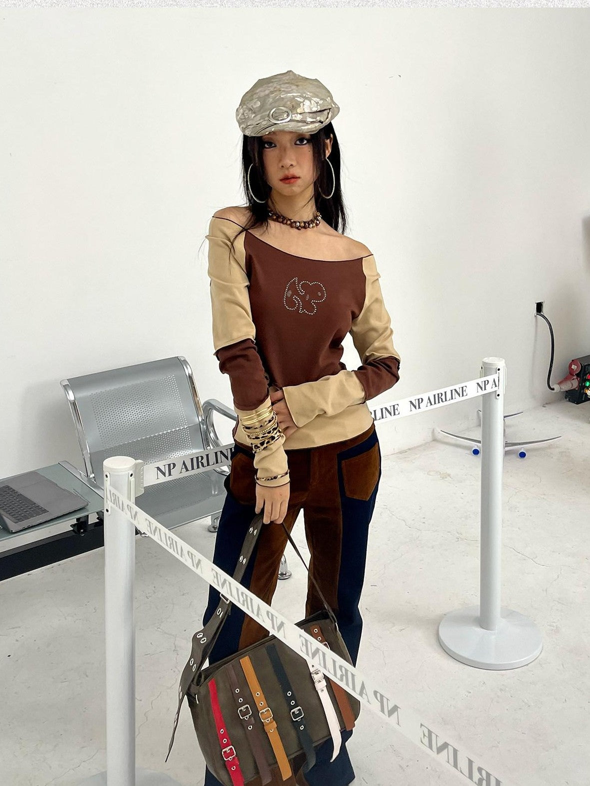 NextPassport MOF Mocha Toffee Diagonal Print Round Neck Women's Cotton Long Sleeve T-shirts