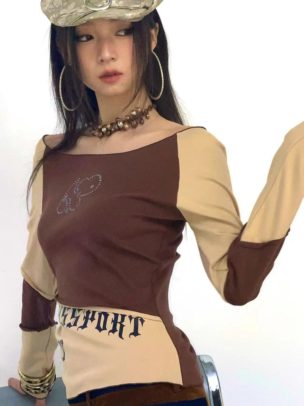 NextPassport MOF Mocha Toffee Diagonal Print Round Neck Women's Cotton Long Sleeve T-shirts