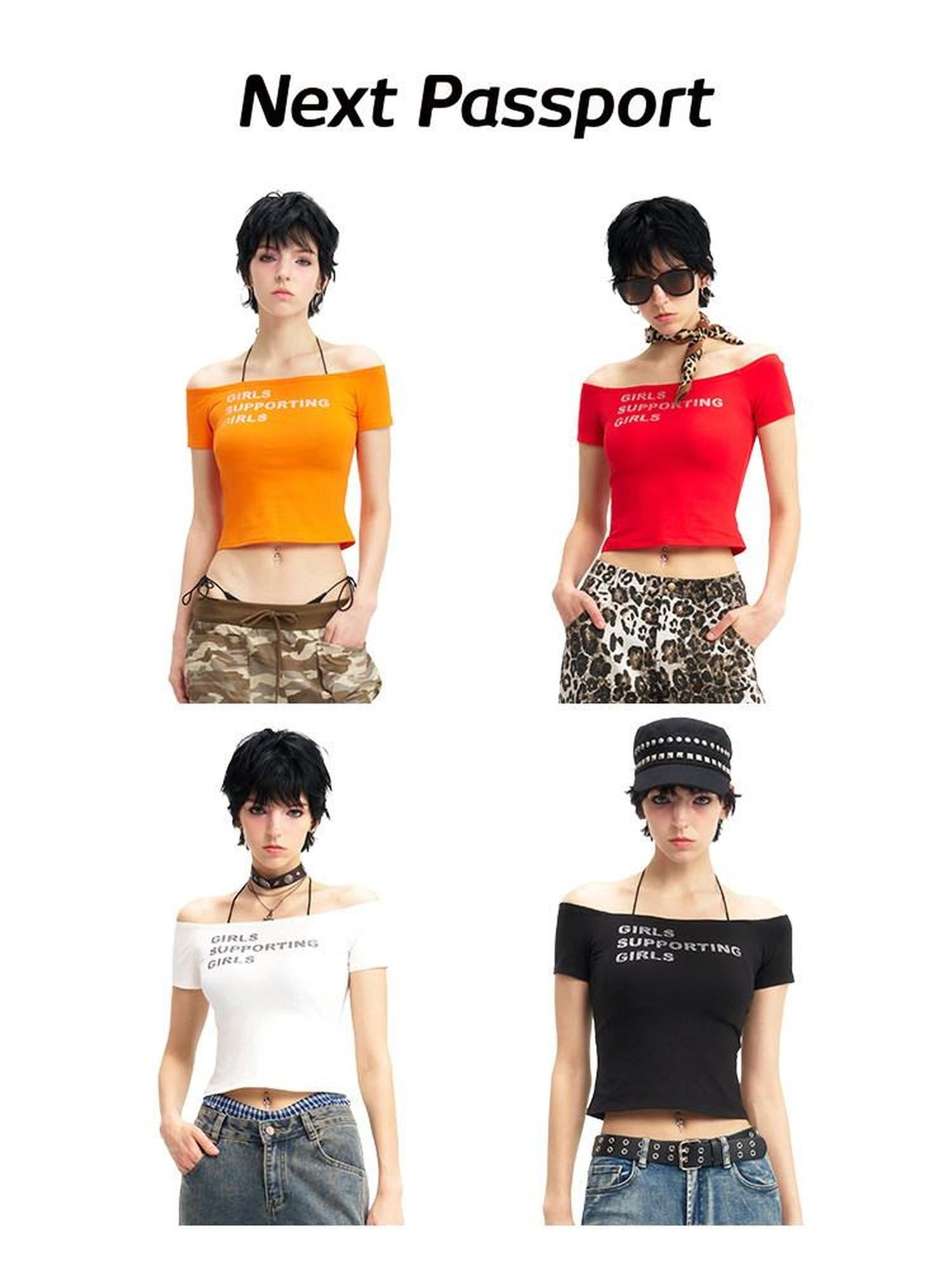 NextPassport MOF Multicolor Rhinestone Lettering Off Shoulder Women's Cotton Crop Tops