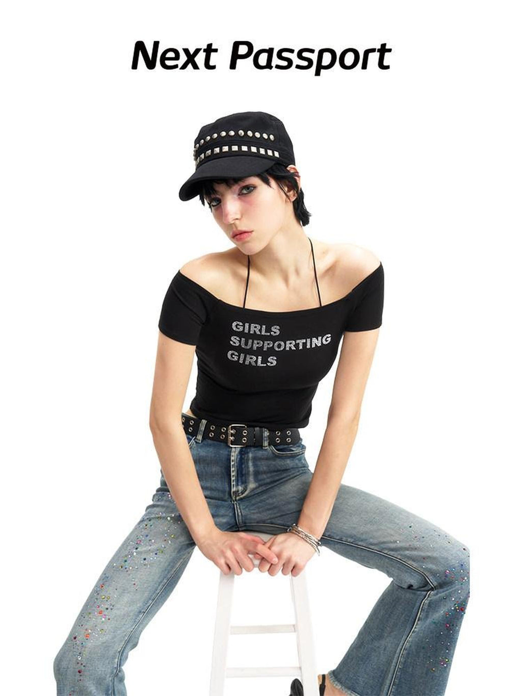 NextPassport MOF Multicolor Rhinestone Lettering Off Shoulder Women's Cotton Crop Tops
