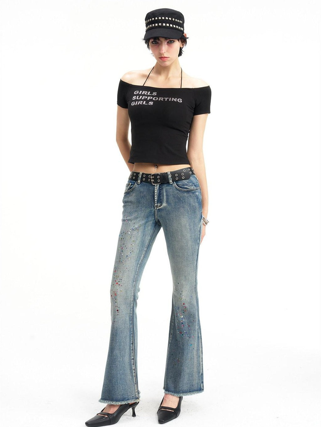 NextPassport MOF Multicolor Rhinestone Lettering Off Shoulder Women's Cotton Crop Tops