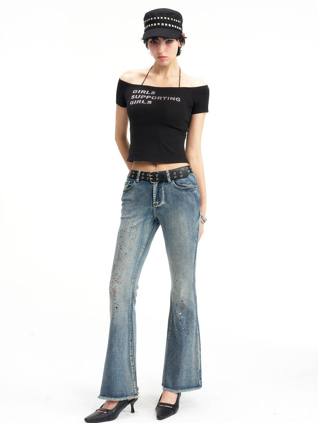 NextPassport MOF Multicolor Rhinestone Lettering Off Shoulder Women's Cotton Crop Tops