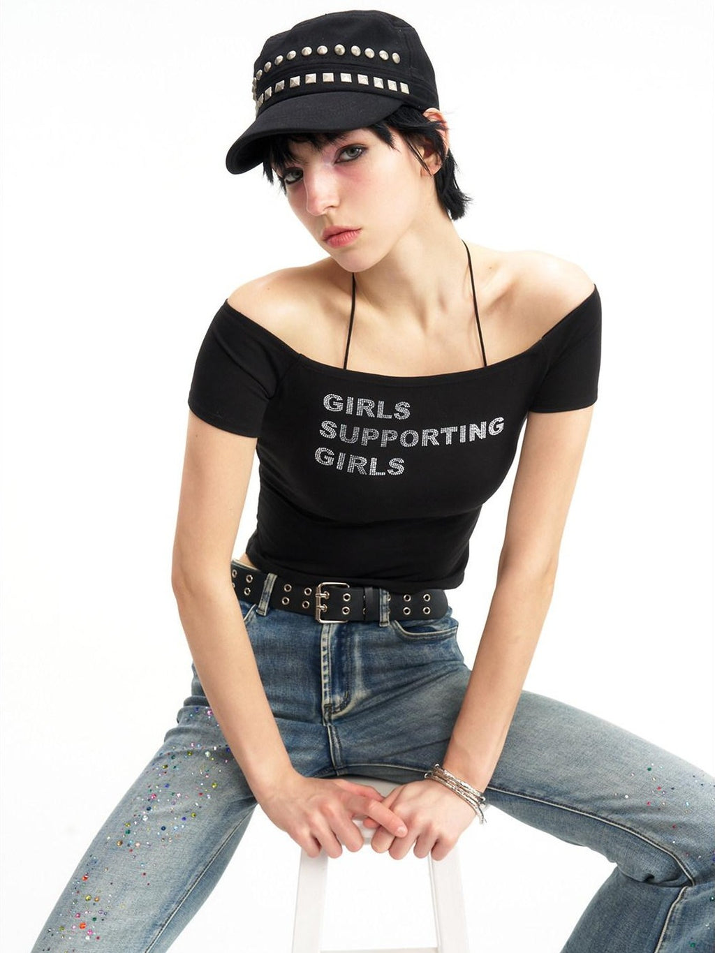 NextPassport MOF Multicolor Rhinestone Lettering Off Shoulder Women's Cotton Crop Tops
