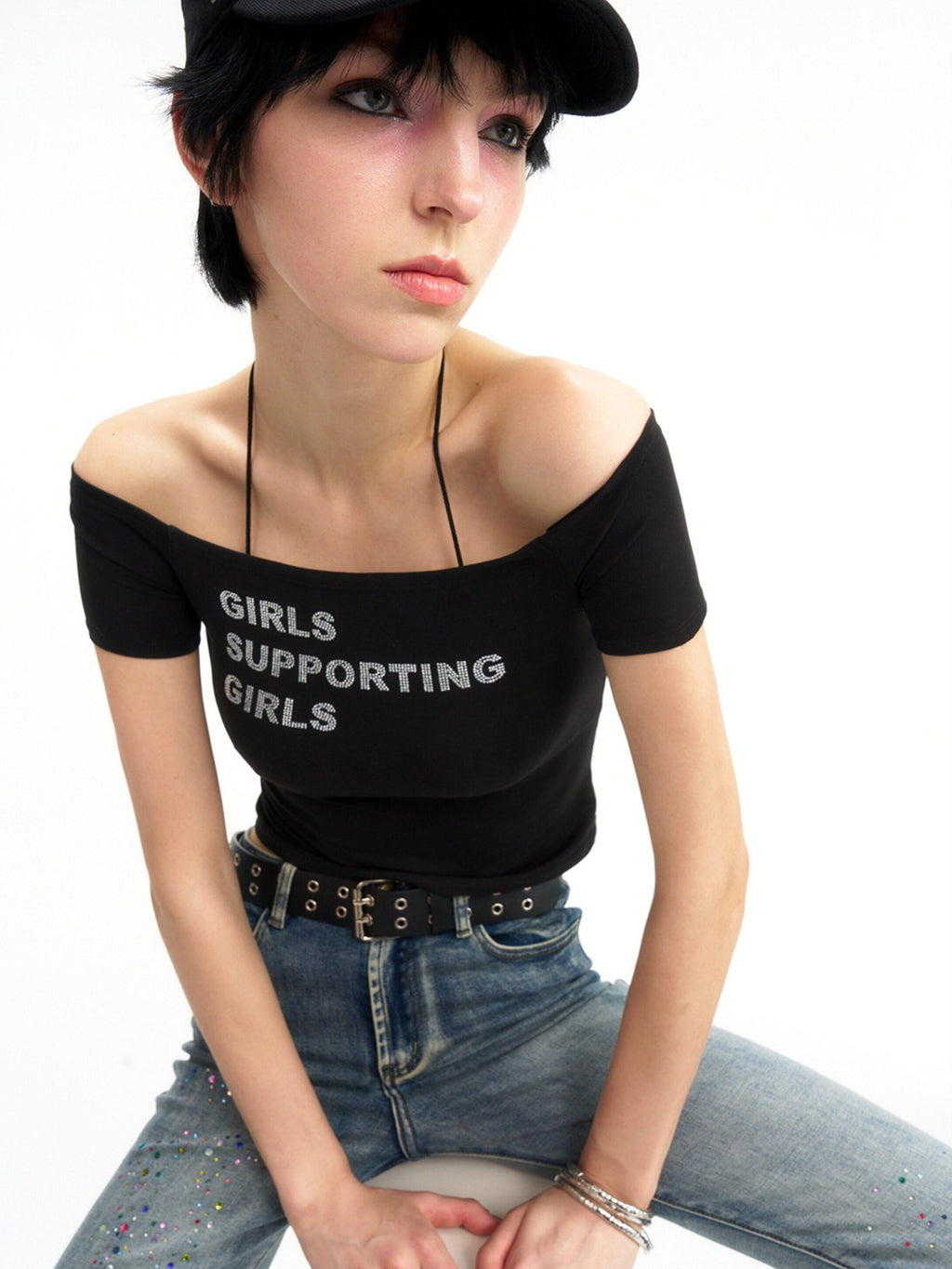 NextPassport MOF Multicolor Rhinestone Lettering Off Shoulder Women's Cotton Crop Tops