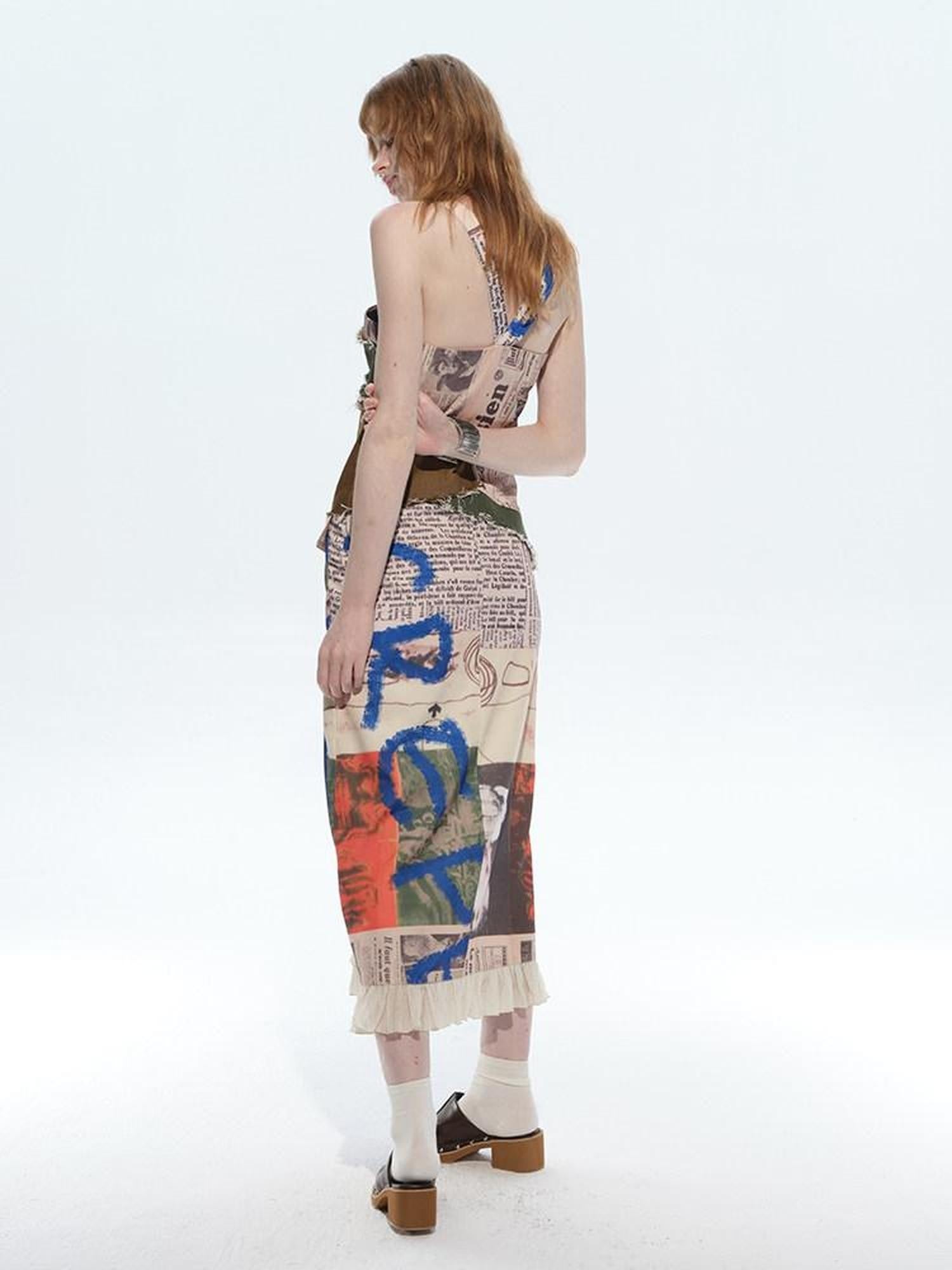 NextPassport MOF Newspaper Graffiti Patchwork Side Slit Square Neck Women's Slip Midi Dresses