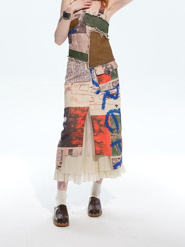 NextPassport MOF Newspaper Graffiti Patchwork Side Slit Square Neck Women's Slip Midi Dresses