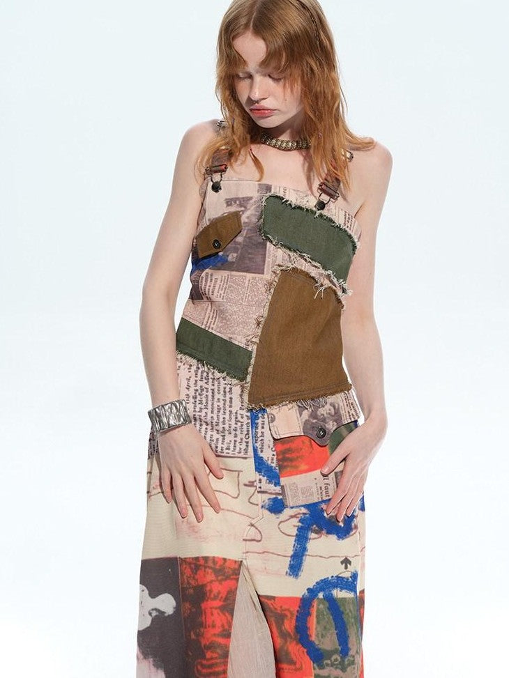 NextPassport MOF Newspaper Graffiti Patchwork Side Slit Square Neck Women's Slip Midi Dresses