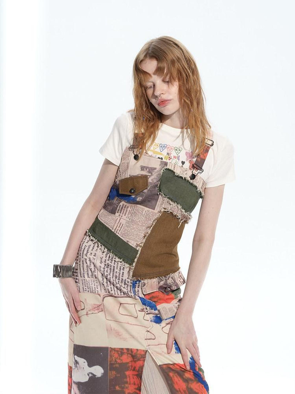 NextPassport MOF Newspaper Graffiti Patchwork Side Slit Square Neck Women's Slip Midi Dresses
