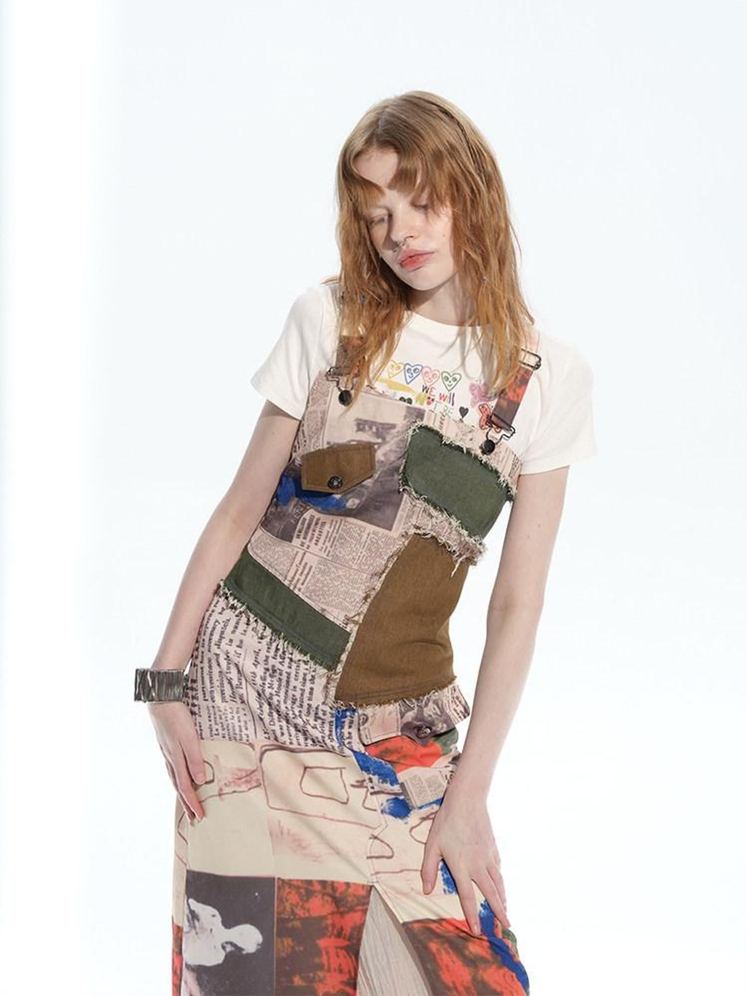 NextPassport MOF Newspaper Graffiti Patchwork Side Slit Square Neck Women's Slip Midi Dresses