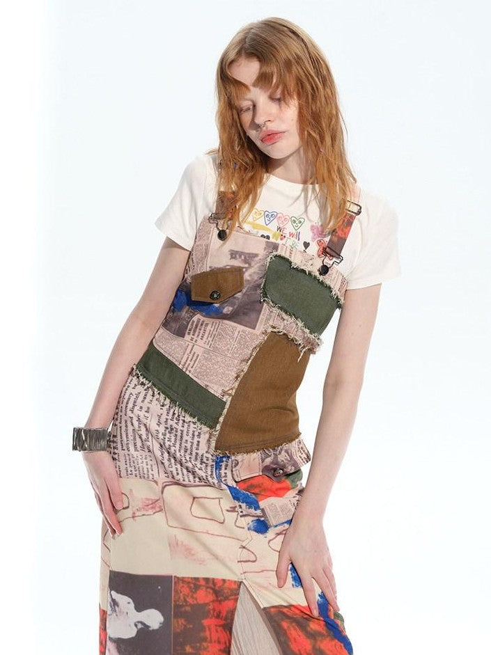 NextPassport MOF Newspaper Graffiti Patchwork Side Slit Square Neck Women's Slip Midi Dresses